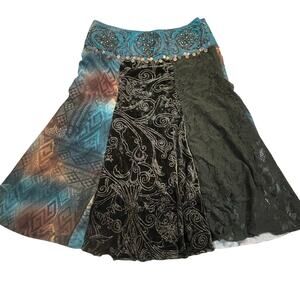 Haven Bleu Patchwork Boho Skirt Womens 6 Velvet Lace Festival Blue Brown Midi